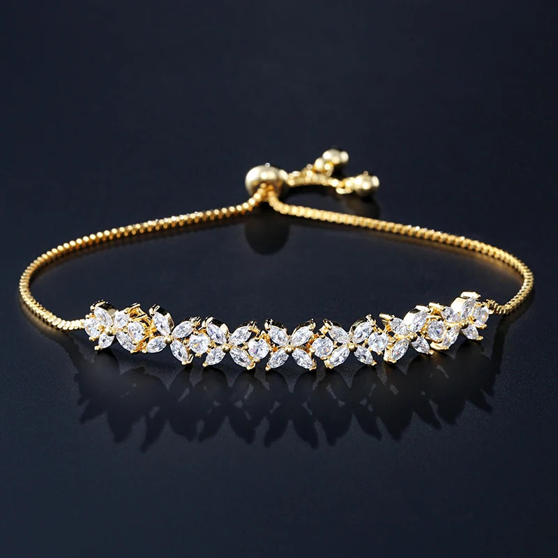 Adjustable Zircon Flower Charm Bracelet for Women - Silver, Gold & Green Variants