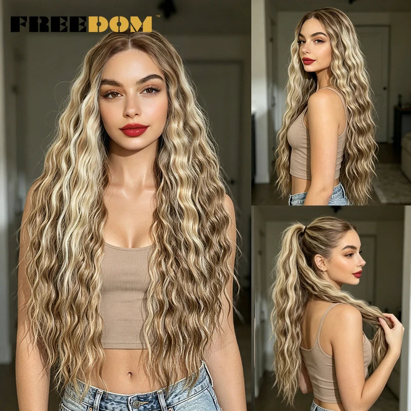 Curly Synthetic Lace Front Wig for Women 13x4 Pre-Plucked Glueless 30 Inch Ombre Brown Blonde