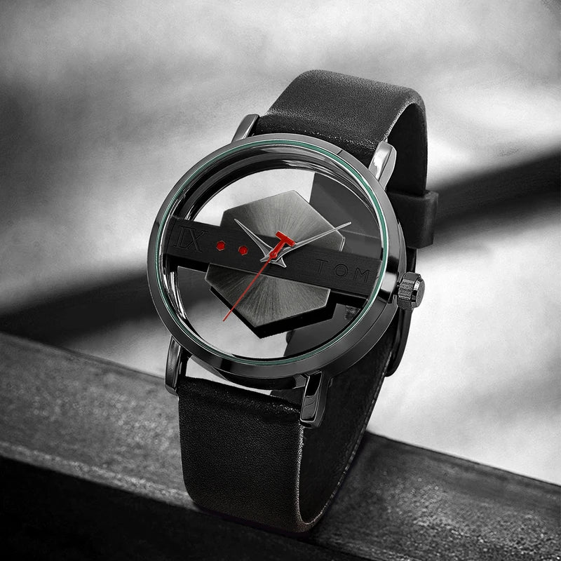 Men's Leather Watch Strap with Hollow Design and Glass Bottom Cover - Quartz Movement