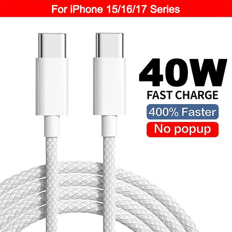 40W USB-C PD Charger Fast Charging Cable for iPhone & Smartphone