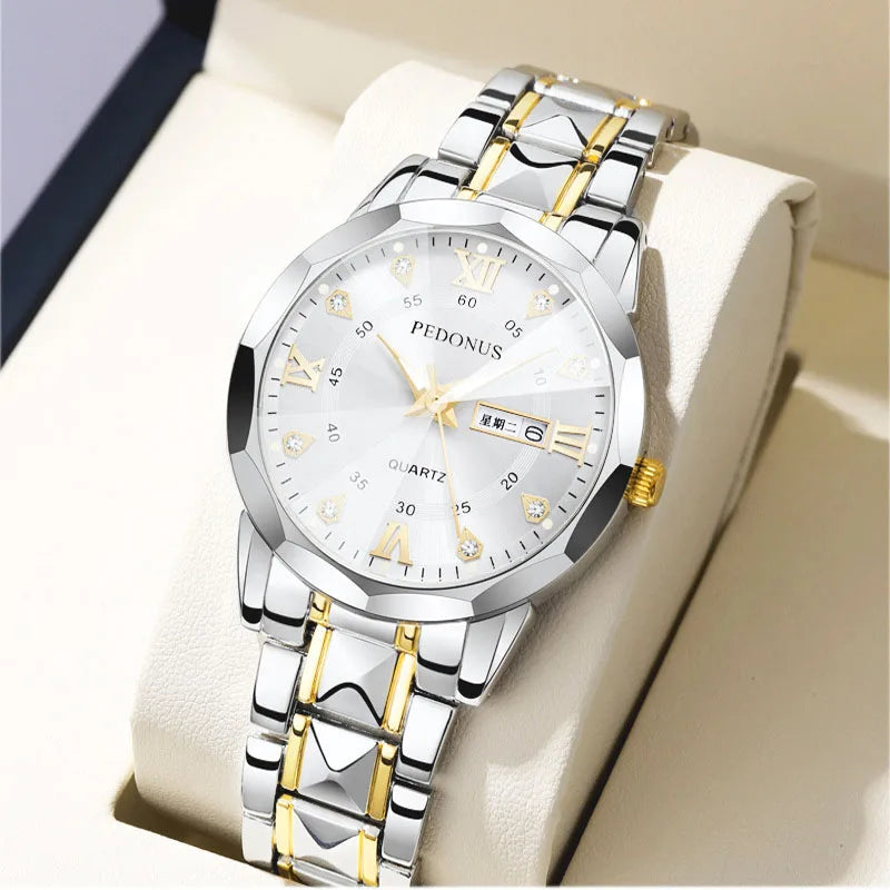 Men's Business Quartz Wristwatch with Steel Band Dual Calendar High Quality