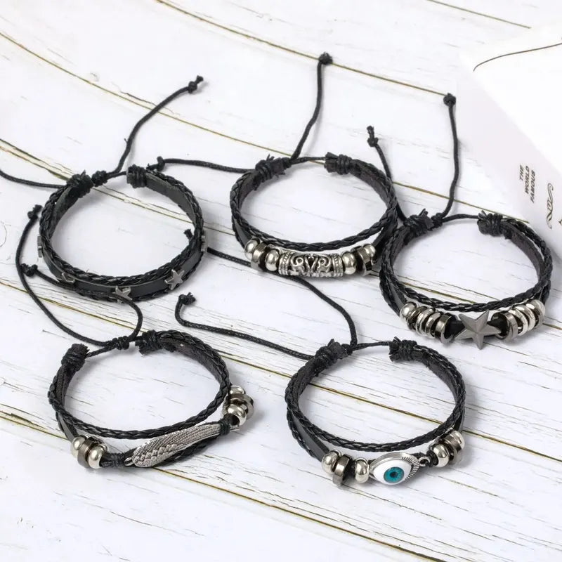 Evil Eye Wing Star Punk Style Leather & Bead Bracelet Set - 5pcs