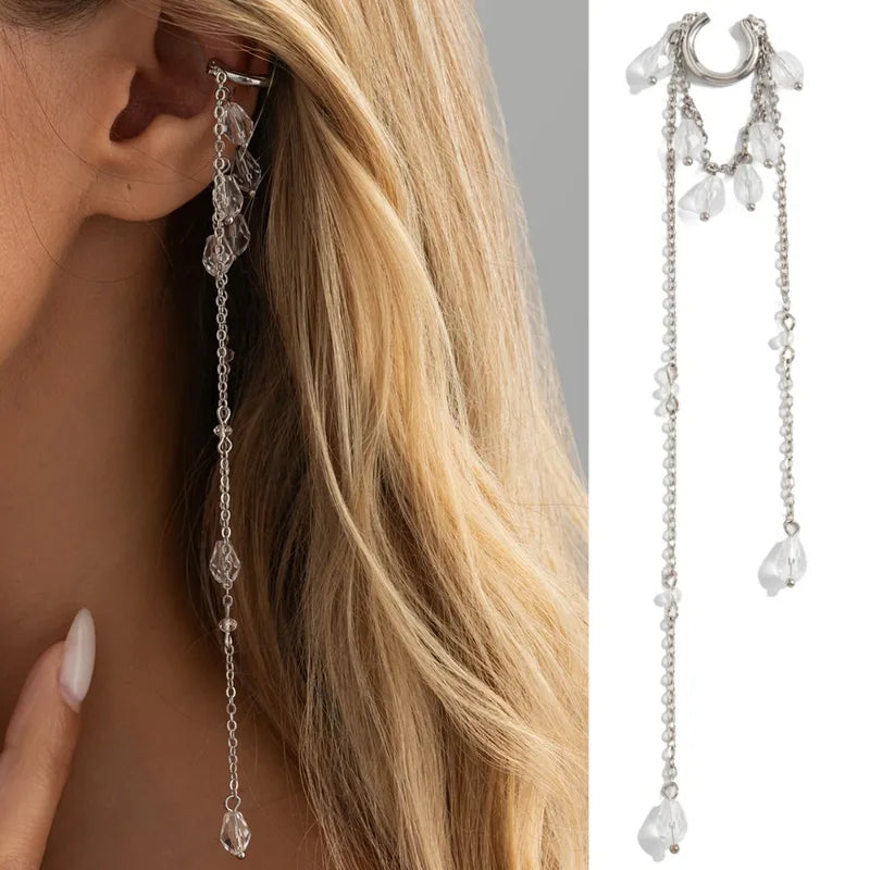 Minimalist Transparent Crystal Tassel C-Shaped Clip Earrings for Women