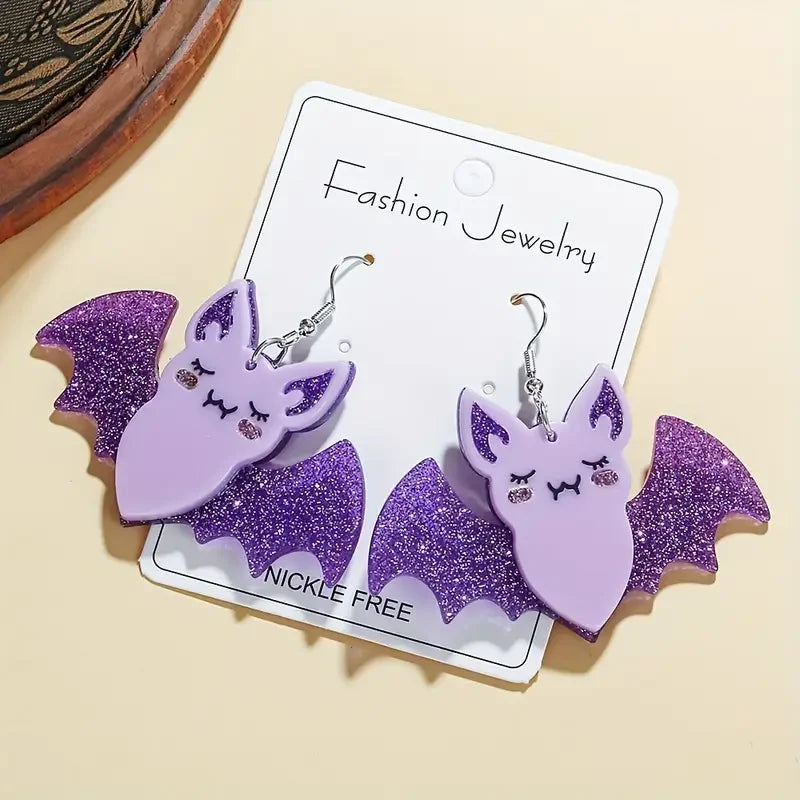 Halloween Bat Earrings - Glittery Acrylic Sequin Studs, Spliced Design, Multiple Colors
