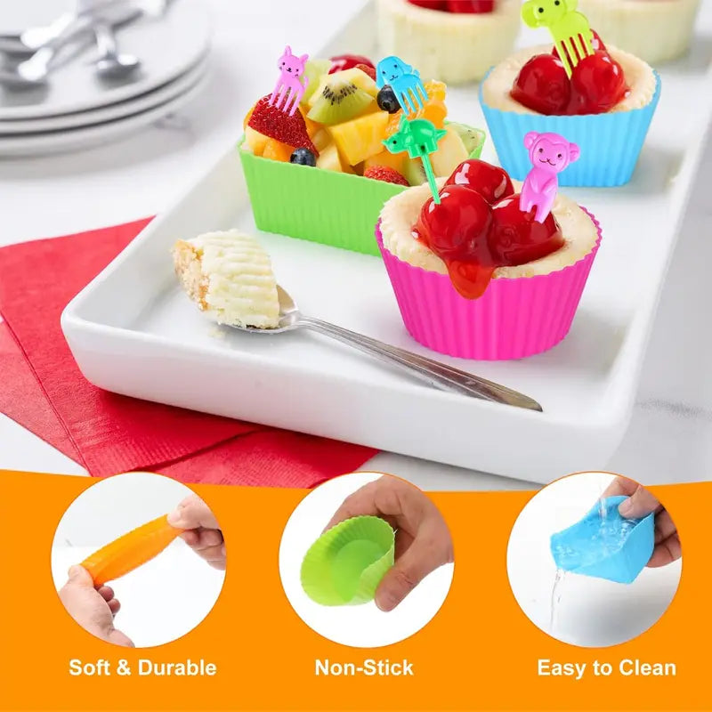 Kids Bento Lunch Box Accessories with Silicone Cupcake Liners, Fruit Forks and Toothpicks