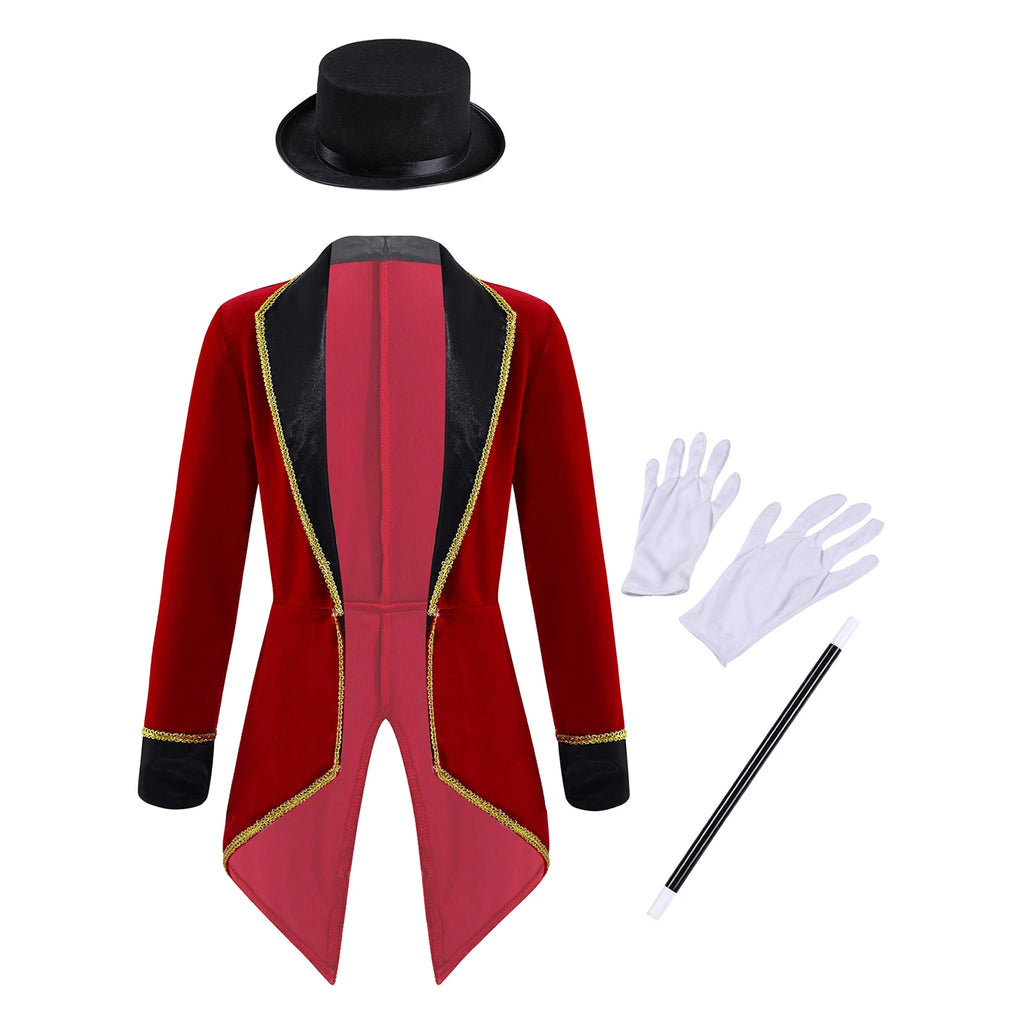 Circus Ringmaster Tailcoat Costume with Hat, Wand & Gloves for Kids & Adults