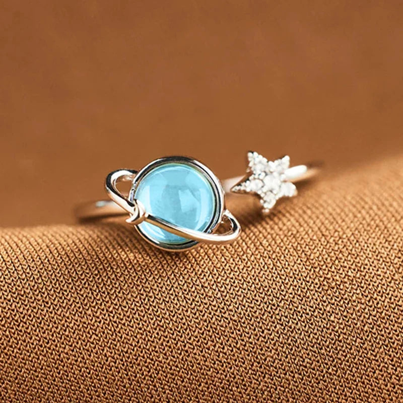 Blue Planet and Silver Star Ring for Women - Unique Open Design Jewelry Gift