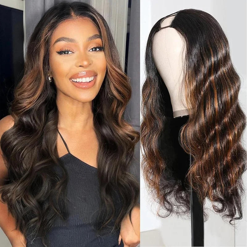 Human Hair Body Wave Wig with Highlights - No Sew In Clip-In Half Wigs 30 Inch