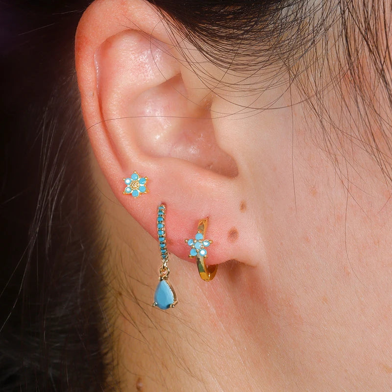 3PCS Stainless Steel Hoop Earrings Set for Women with Crystal Zircon Flowers Water Drop Design - Wedding Jewelry