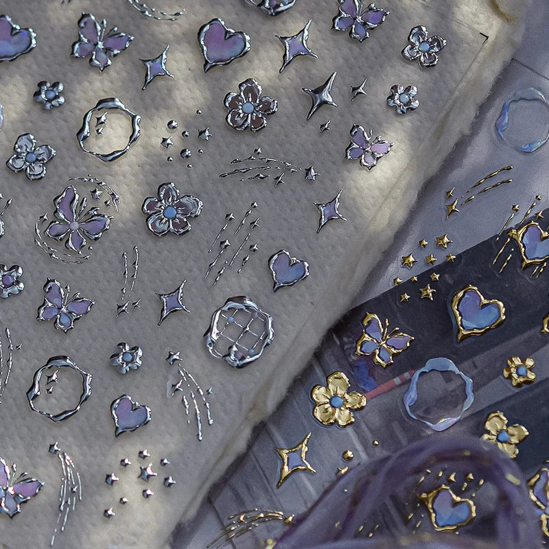 Nail Art Sticker Set with Butterfly Border and Gold Silver Accents - DIY Manicure Decoration