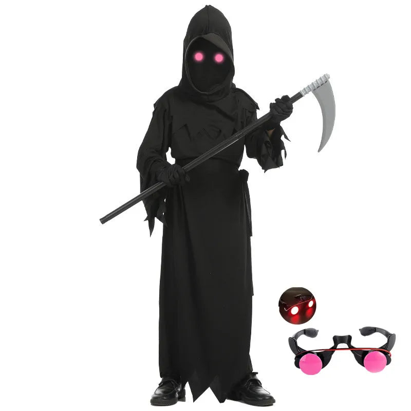 Halloween Grim Reaper Skeleton Costume for Children with Glowing Eyes & Scythe Props
