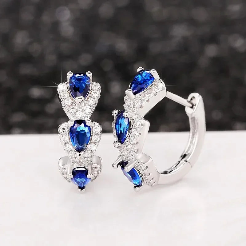 Trendy Blue Cubic Zirconia Hoop Earrings for Women Wedding Party Accessories