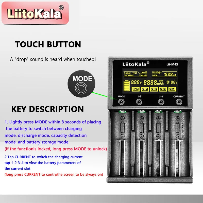 Smart 4-Channel Battery Charger with LCD & USB Power Bank for Li-ion Batteries