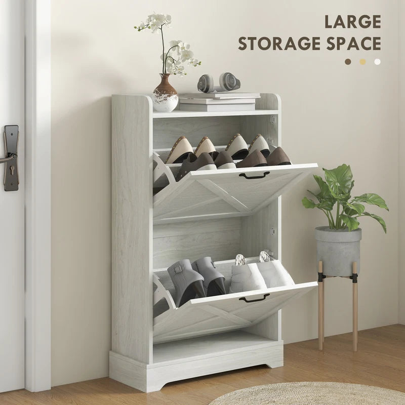 Farmhouse Style Shoe Cabinet with 2 Flip Drawers and Adjustable Shelves, Distressed White Entryway Storage