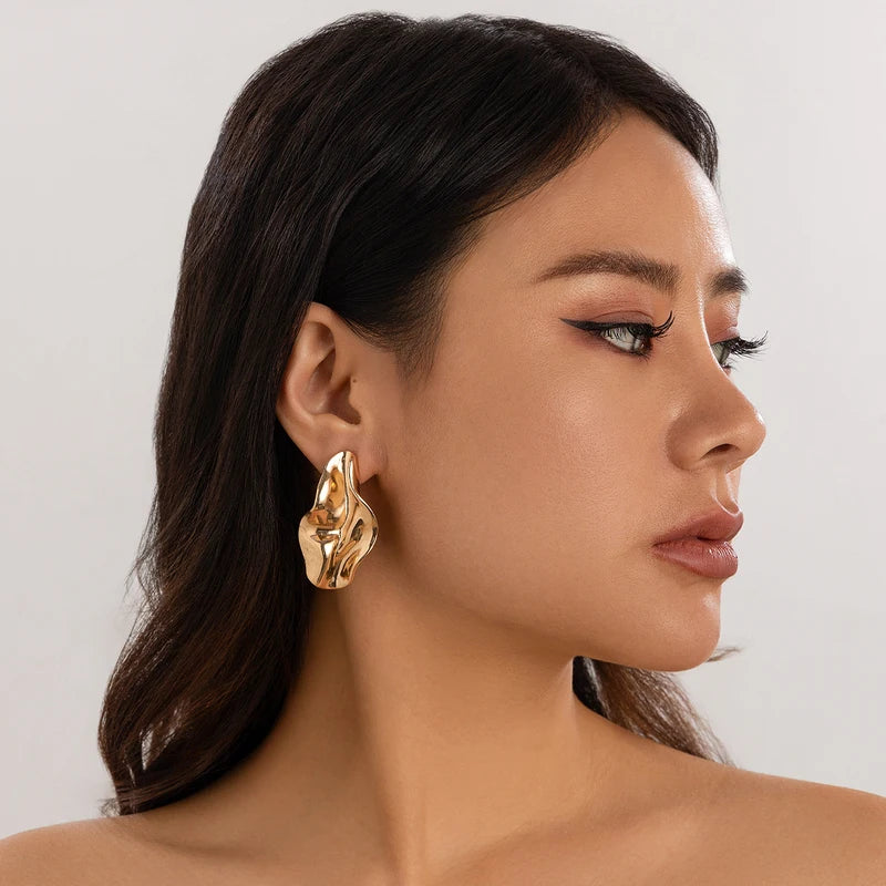 Irregular Metal Pleated Earrings for Women - Gold Tone Party Jewelry
