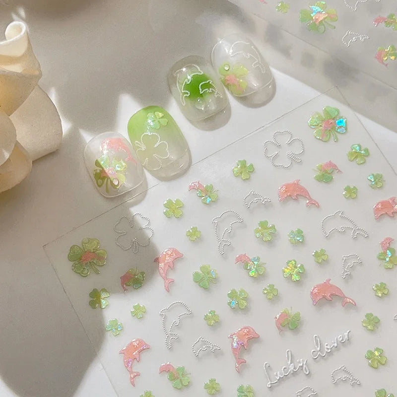 Summer Nail Stickers Set - Pink Dolphin Ocean Pattern Self-Adhesive Nail Art Decor
