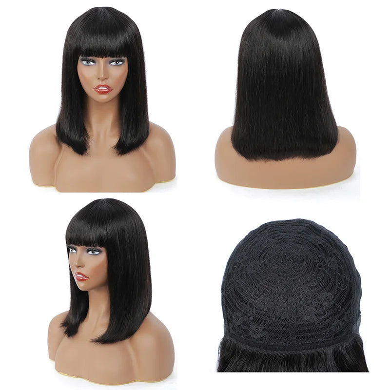 Human Hair Bob Wig with Bangs - 180% Density, Short & Natural Look
