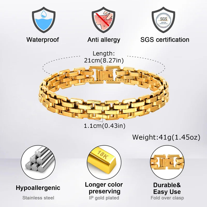 Men's Gold Color Chain Bracelet Hip Hop Stainless Steel Chunky Wristband Jewelry Gift for Him