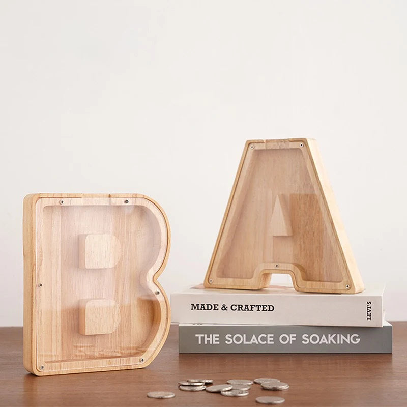Alphabet Moneybox Coin Bank Wooden Piggy Bank for Kids and Home Decor