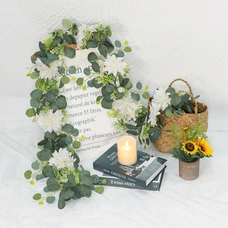 Artificial Garland with Eucalyptus and Dahlia Flowers for Wedding & Party Decor