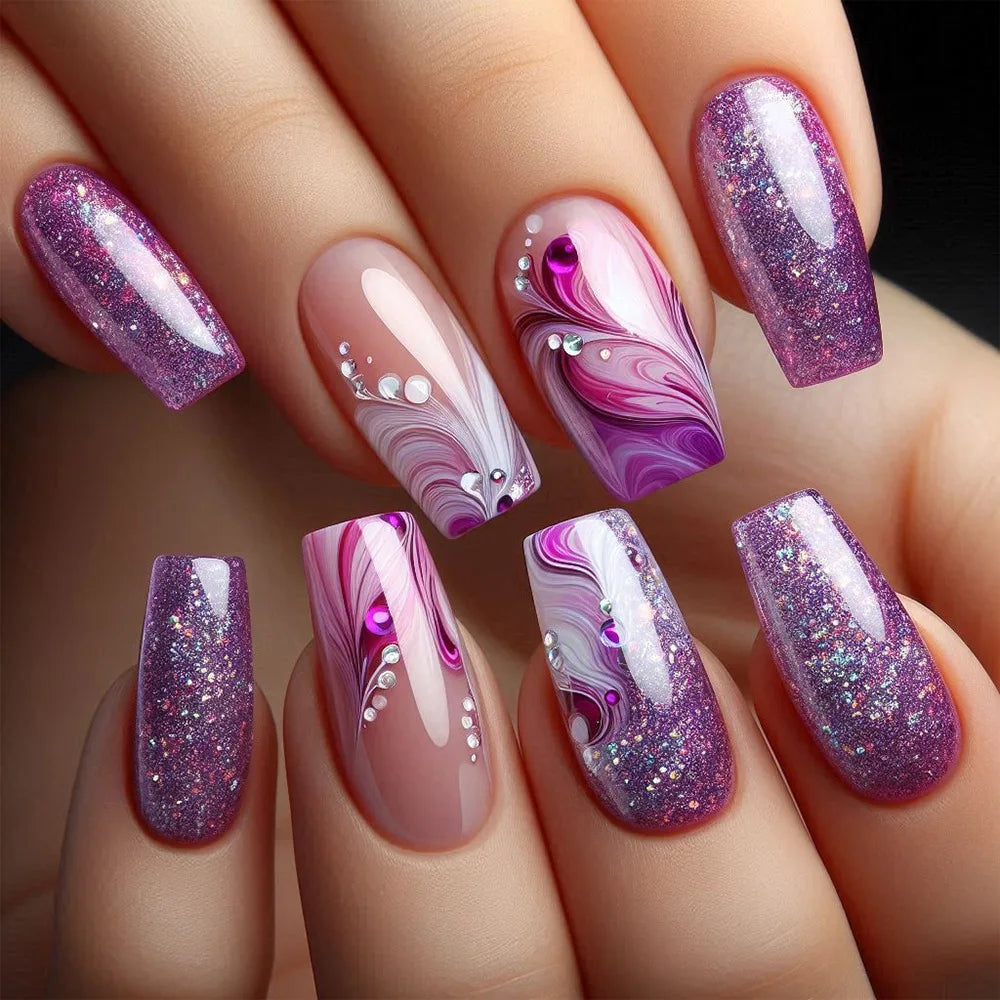 24Pcs Short Square French Press on Nails Tips with Love Stripe Design - Full Cover Nail Art