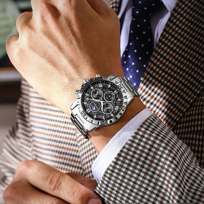 Men's Waterproof Luminous Stainless Steel Quartz Chronograph Wristwatch - Military Style