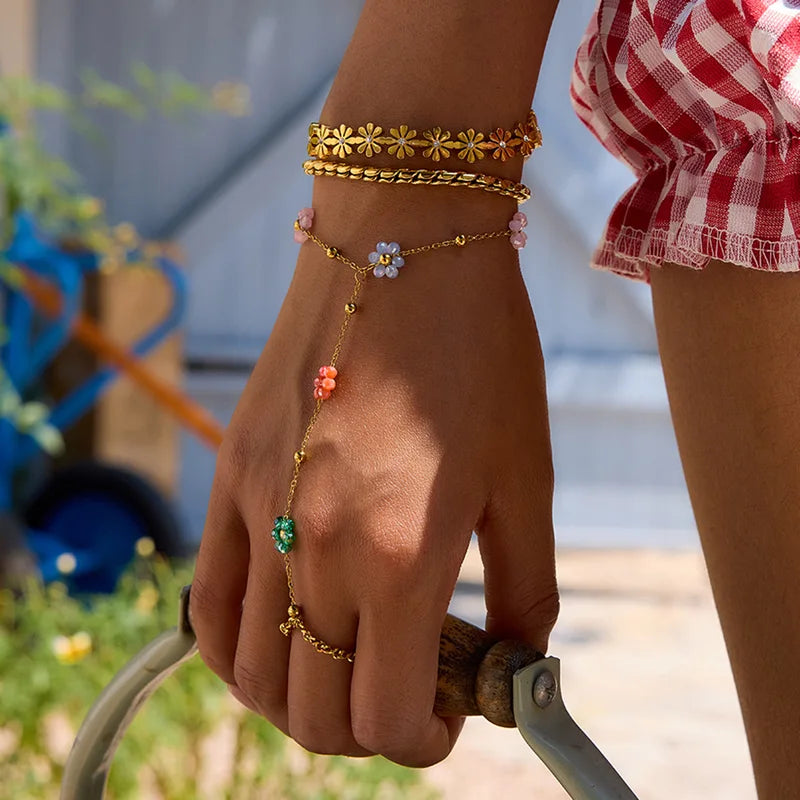 Colorful Crystal Beaded Flower Hand Chain Bracelet for Women Stainless Steel Jewelry