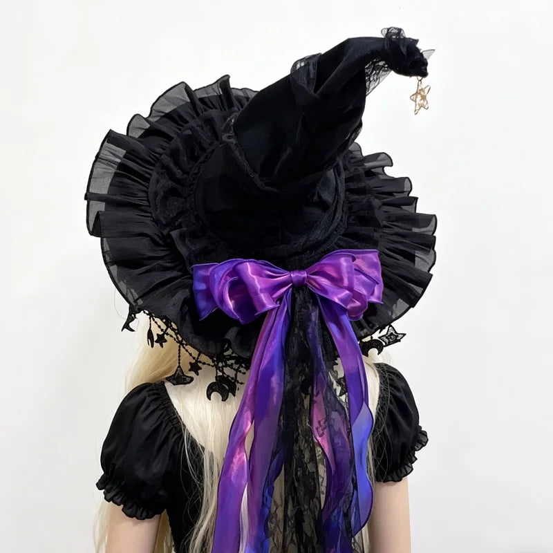 Velvet Lace Witch Hat with Moon Pendant - Halloween Costume Party Accessory