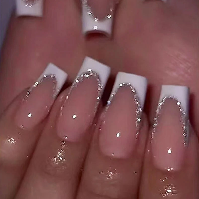 24Pcs Short Square Coffin Fake Nails with French Glitter Acrylic Full Cover for Women