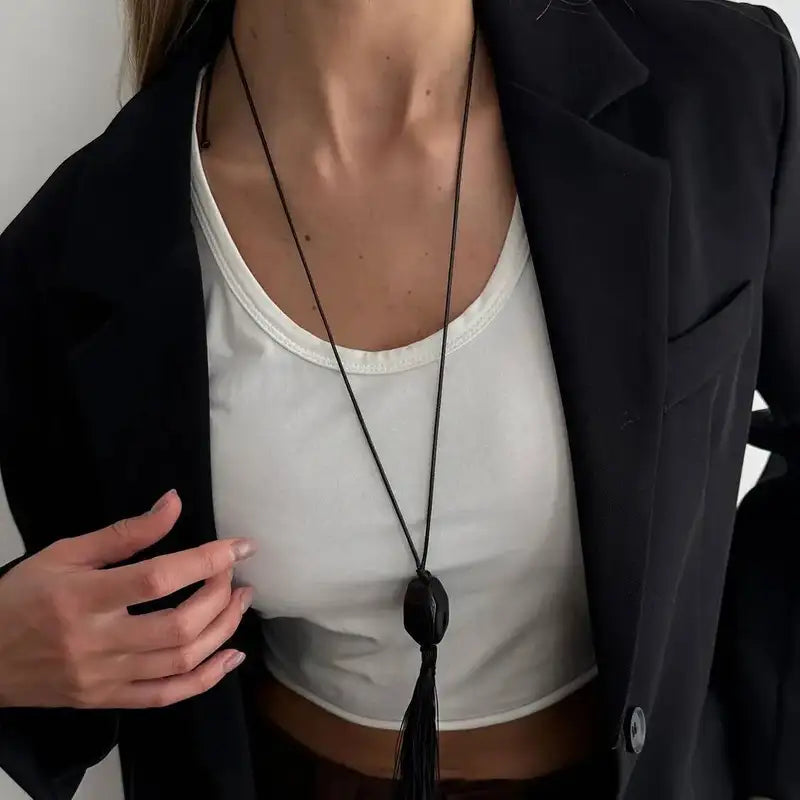 Black Resin Tassel Pendant Necklace for Women Adjustable Chain Jewelry