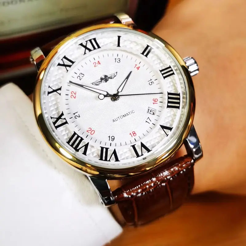 Men's Automatic Mechanical Watch with Leather Strap, Date Display, Minimalist Design