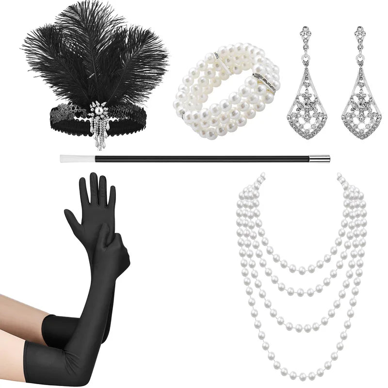 1920s Gatsby Costume Jewelry Set with Headband Gloves Earrings Necklace for Halloween Party