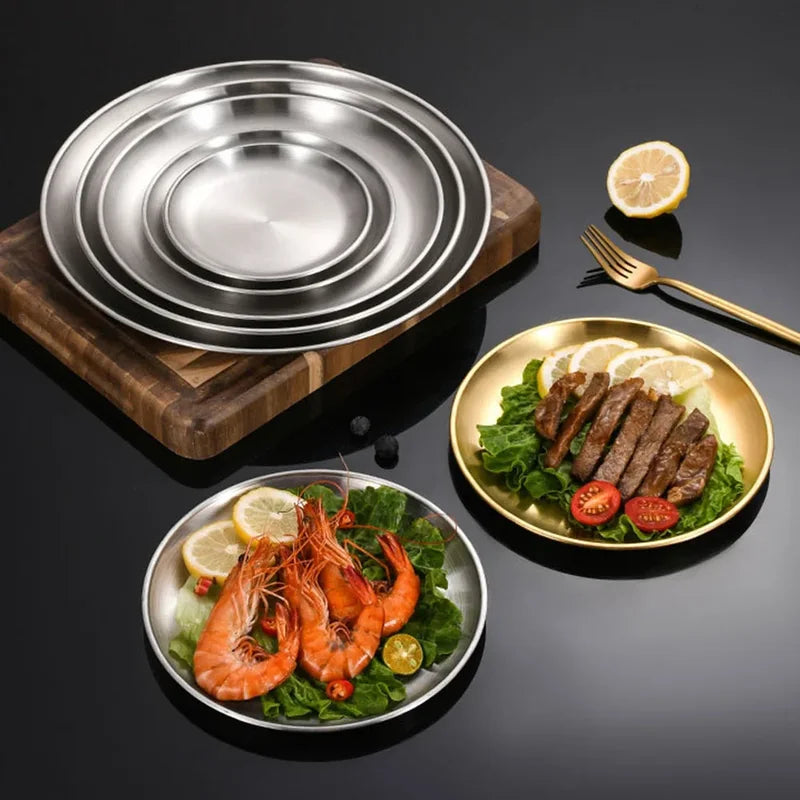 4Pcs Stainless Steel Camping Plates Set Round Shallow Dish for Picnic BBQ Cooking