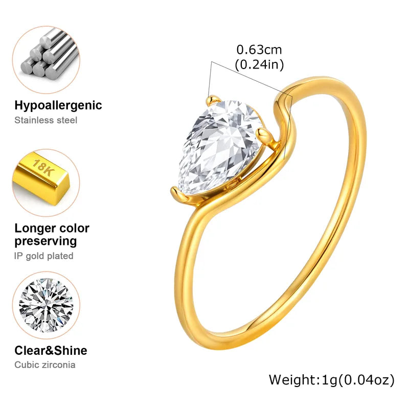 Minimalist Water Drop Zircon Women’s Ring - Gold Plated Stainless Steel Jewelry