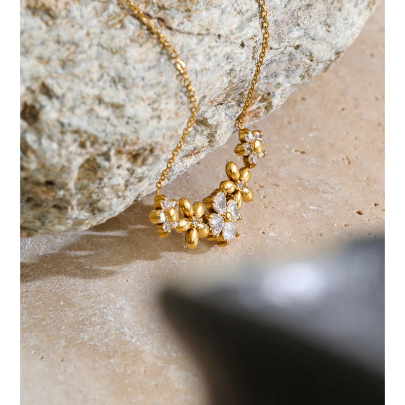 Stainless Steel Zirconia Flower Necklace Pendant 18K Gold Plated Jewelry