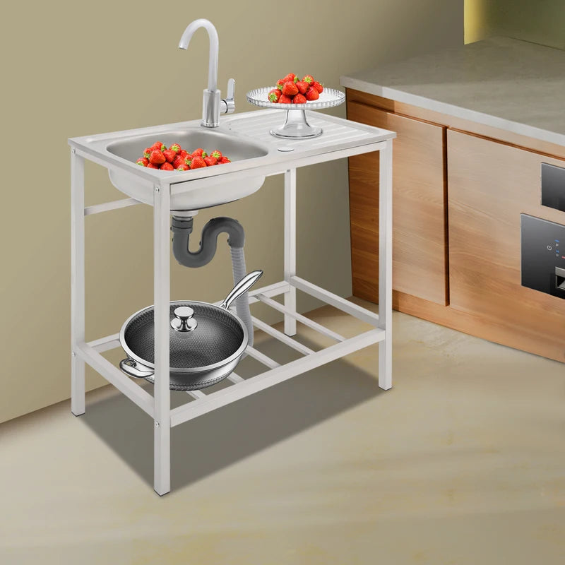 Commercial Kitchen Sink with Operation Countertop and 360° Faucet, Large Single Bowl Stainless Steel