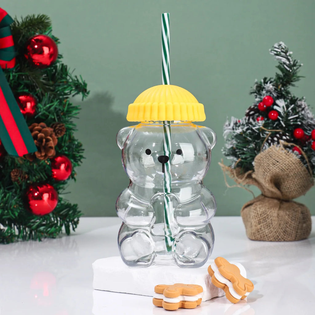 Cute Bear Plastic Drink Cup with Lid and Straw for Cold Beverages