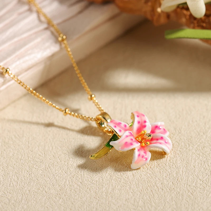 Pink Lily Flower Pendant Necklace for Women - Gold Plated Floral Charm Jewelry