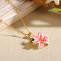 Pink Lily Flower Pendant Necklace for Women - Gold Plated Floral Charm Jewelry