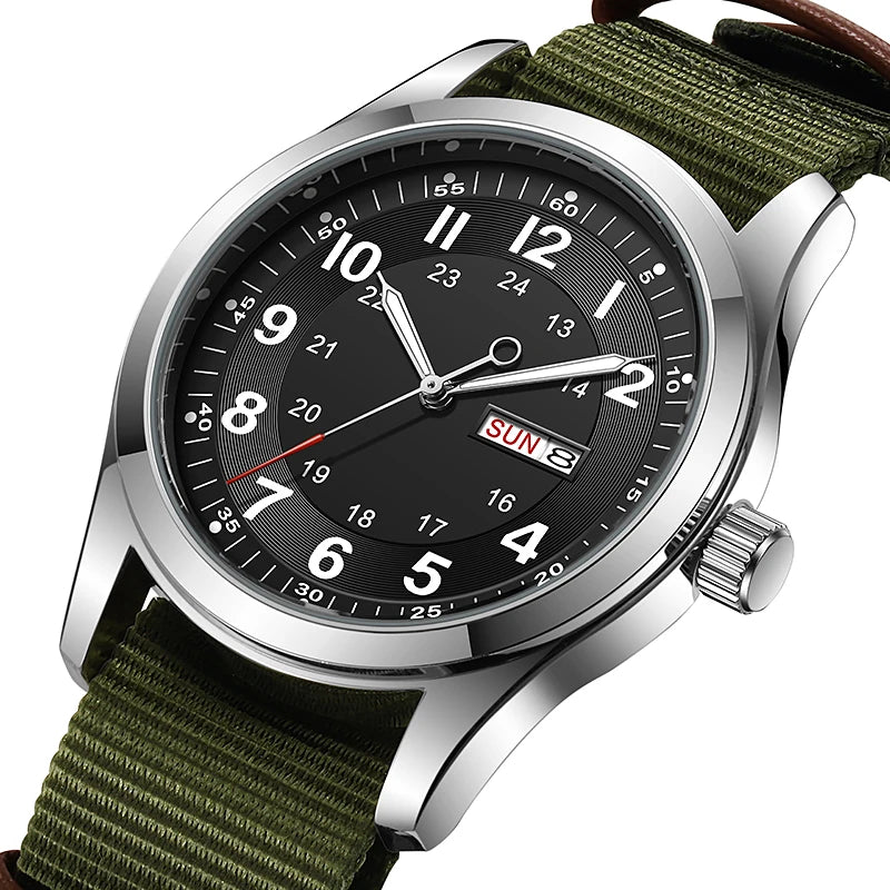 42mm Field Watch with Luminous Dial, Day Date, Water-Resistant Canvas Strap