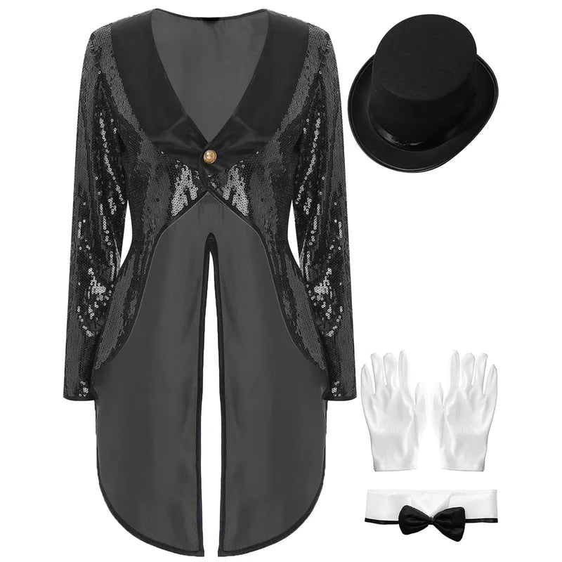 Women Magician Cosplay Costume Sequin Tailcoat with Hat Gloves for Halloween and Stage Performance