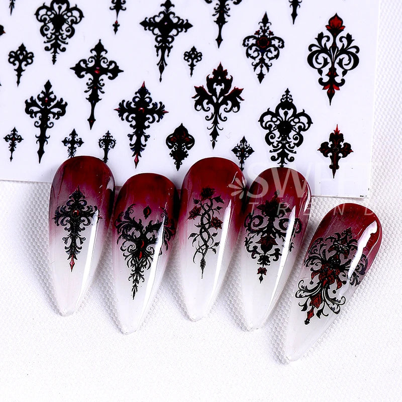 Halloween Gothic Nail Stickers 3D Letter Lace Skull Castle Manicure Decor