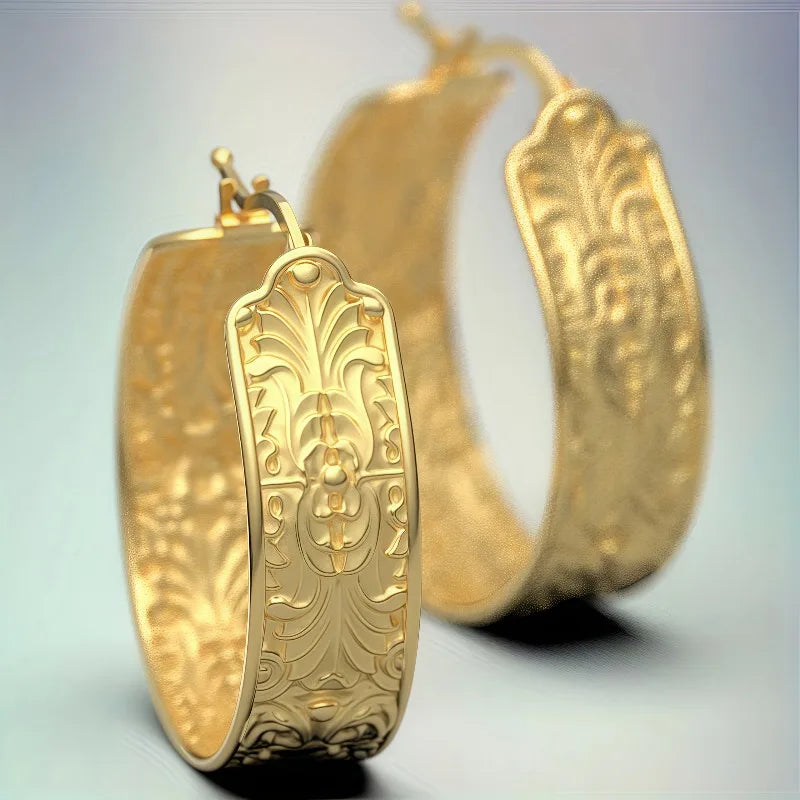 Vintage Gold Hoop Earrings for Women - Hand Carving Pattern Party Daily Wear