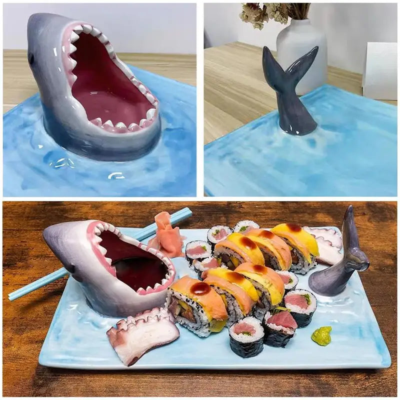 Shark-Shaped Ceramic Plate for Sushi Snacks and Decorative Tableware - Blue Grey