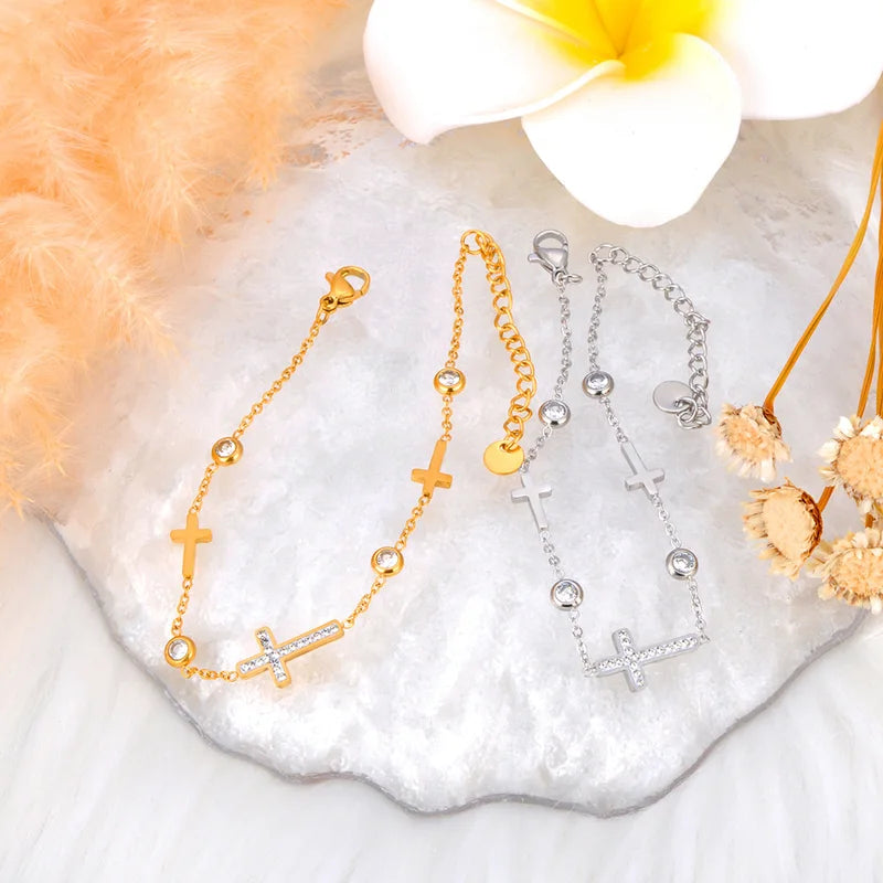 Stainless Steel Cross Charm Bracelet for Women 18K Gold Plated Wedding Jewelry