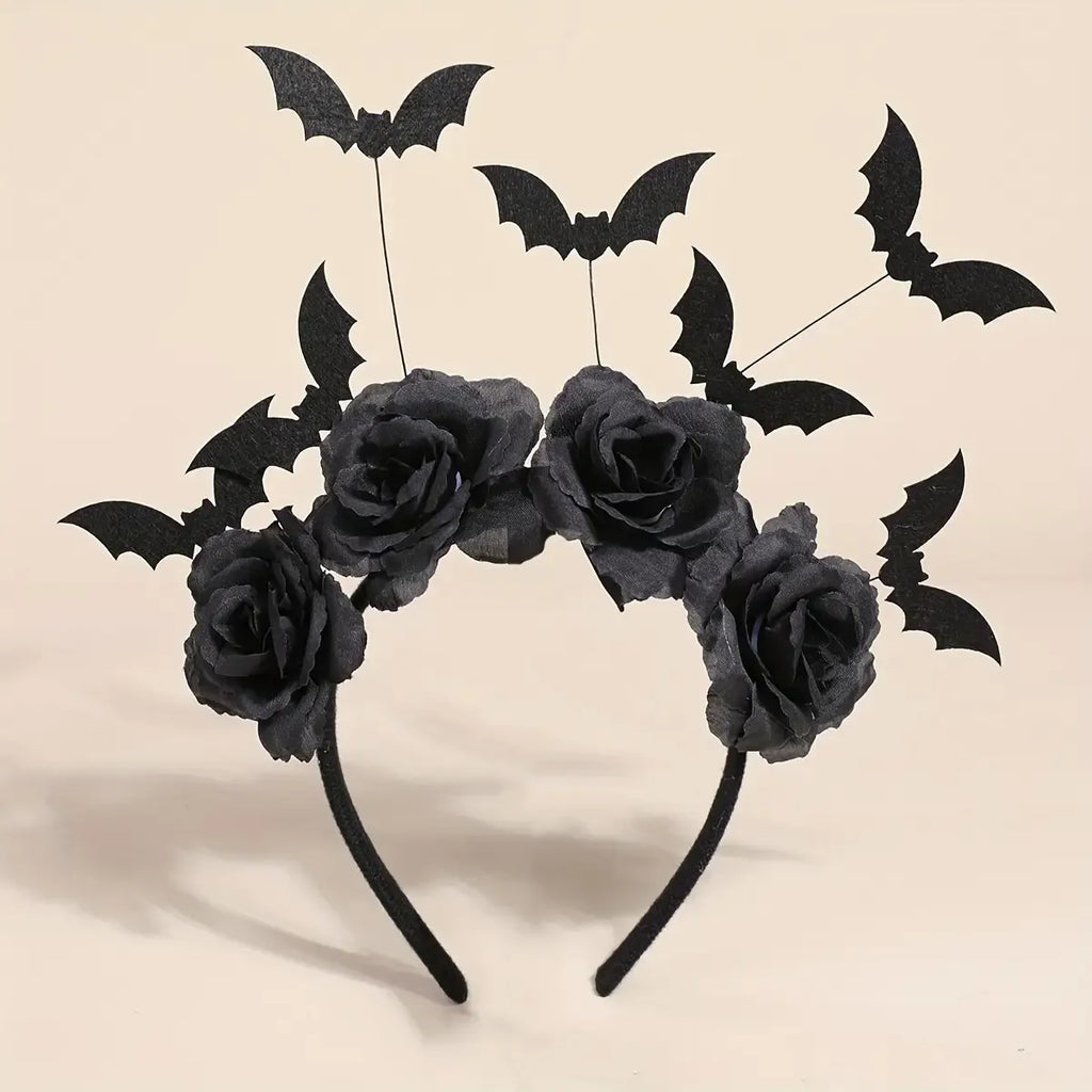Halloween Witch Hat Headband with Bat & Flowers - Gothic Costume Accessory