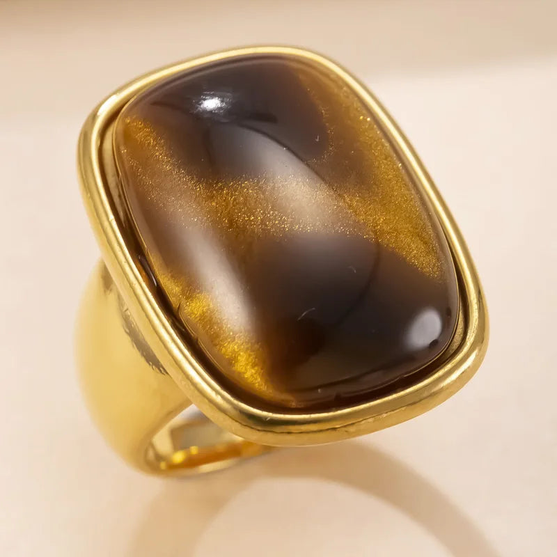 Vintage Natural Stone Ring for Women Gold Plated Jewelry - No Fading