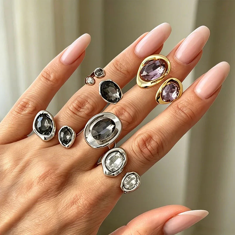 Minimalist Acrylic Rhinestone Geometric Silver Ring for Women - Daily Jewelry