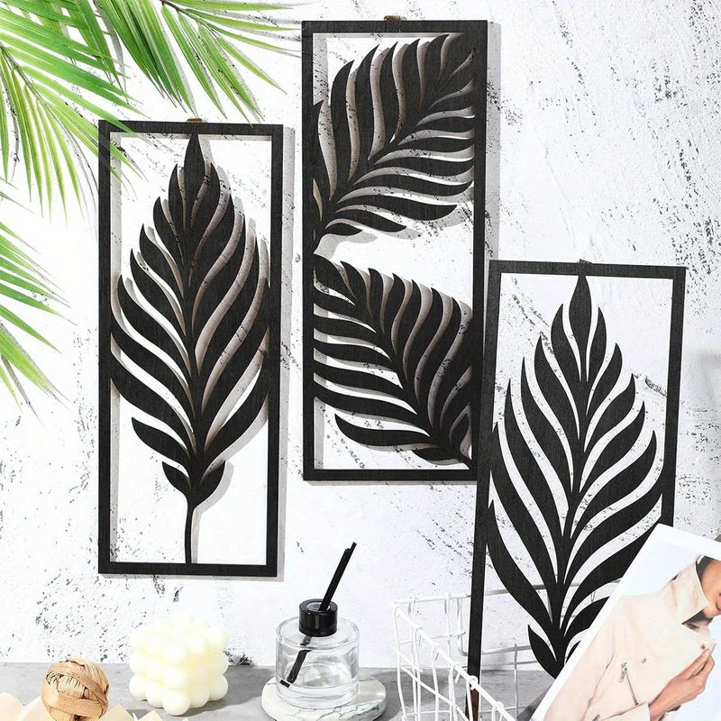 14-inch Wooden Leaf Wall Decor Set - Bohemian Tropical Style, Indoor & Outdoor Hanging