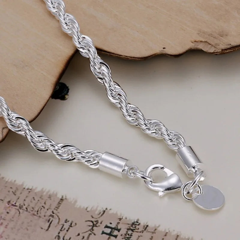Silver Plated Twisted Rope Bracelet for Women & Men - 8 Inch Jewelry Chain